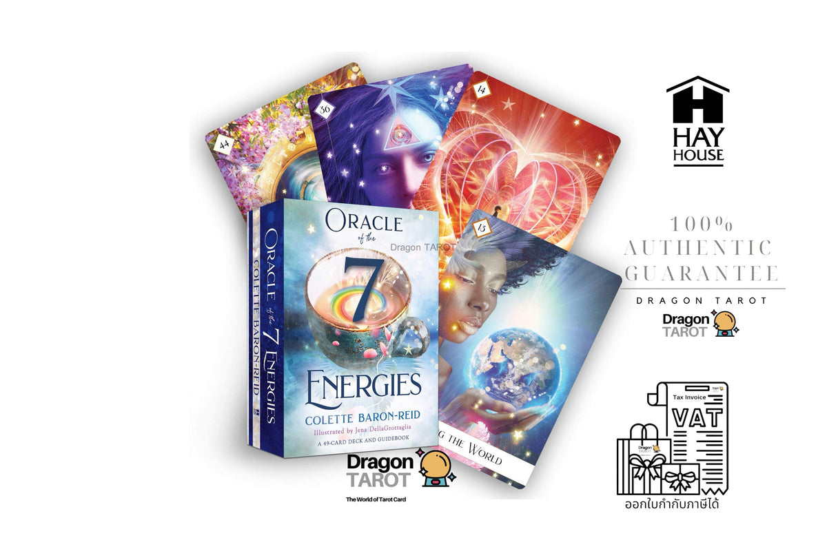 A set of Oracle of Gods Dragon Tarot cards, including the 'Collette Baron-Red' deck and 'Dragon 7' card, displayed alongside promotional badges for 'Hay House' and 'Dragon Tarot' on a white background.