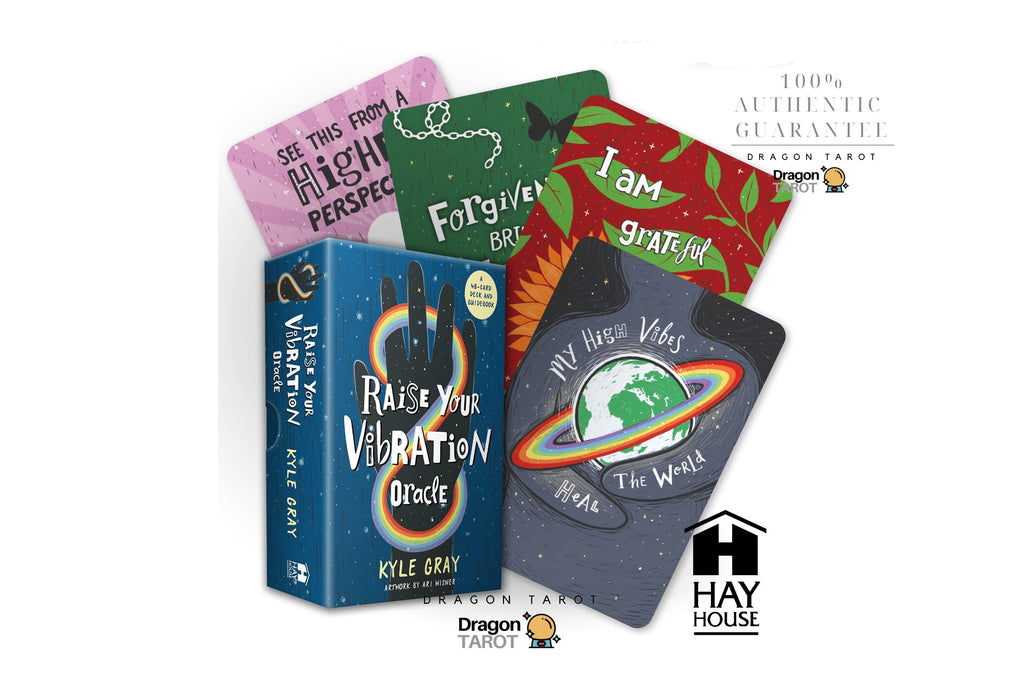 Dragon Tarot Oracle card deck box shown with several sample cards fanned behind it on a white background. Visible text includes 'Dragon TAROT', 'Raise Your Vibration Oracle' by Kyle Gray, and 'Hay House'.