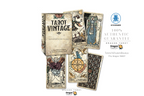 Dragon Tarot Vintage deck packaging and several illustrated tarot cards arranged on a white background with promotional text and logos.