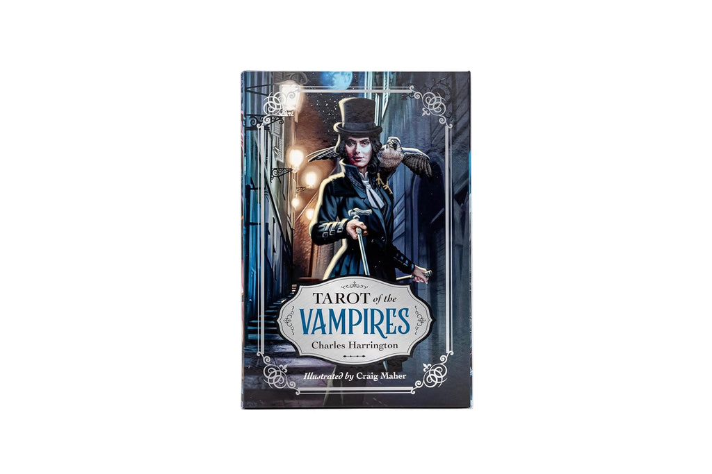 Dragon Tarot: Tarot of the Vampires card deck box cover shown on a white background with Dragon Tarot branding and guarantee text around it.