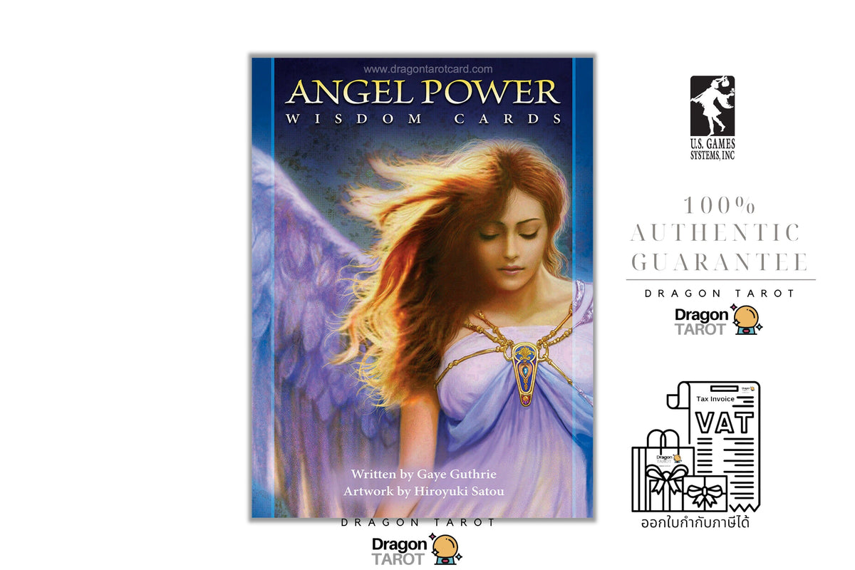 Angel Power Wisdom Cards deck box cover shown on a white background, alongside Dragon Tarot branding, a 100% authentic guarantee badge, and a VAT receipt illustration.