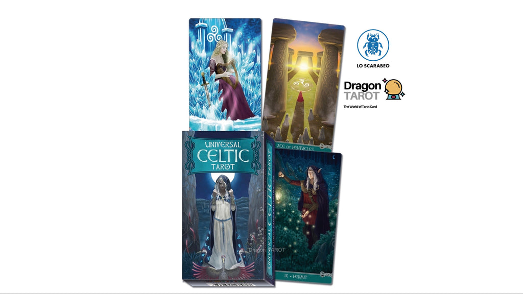 Four Dragon Tarot card decks displayed on a white background with brand logos and a Facebook icon. The decks include Celtic Tarot, Universal Tarot, and two others with fantasy artwork showing a warrior in ice, a figure in a glowing temple, and a dark mystical scene.