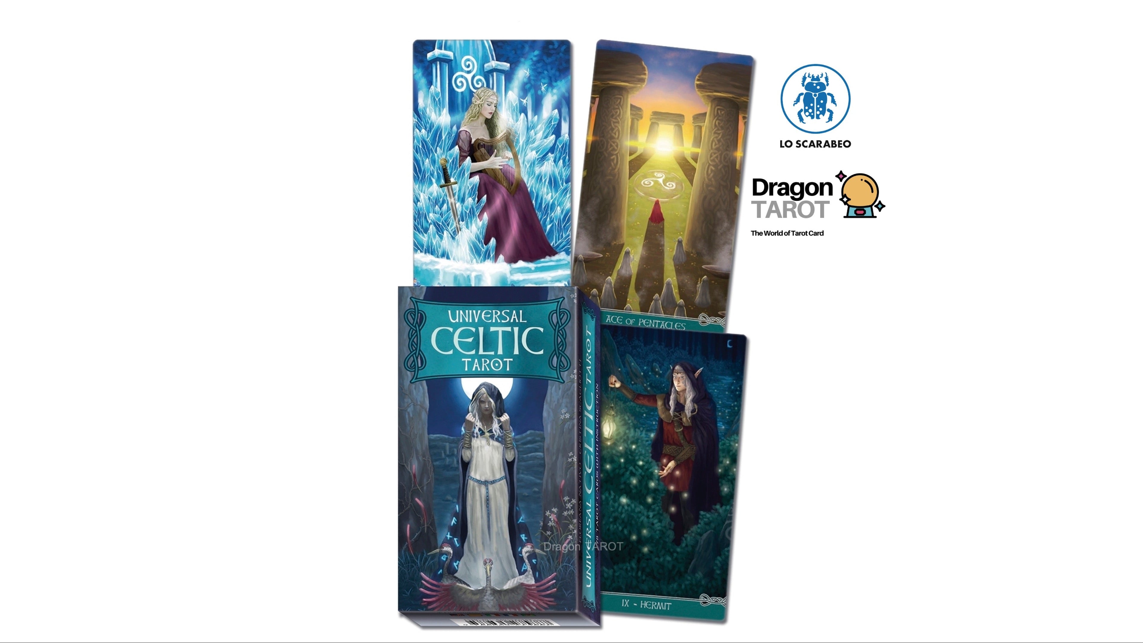 Four Dragon Tarot card decks displayed on a white background with brand logos and a Facebook icon. The decks include Celtic Tarot, Universal Tarot, and two others with fantasy artwork showing a warrior in ice, a figure in a glowing temple, and a dark mystical scene.