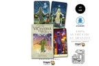Dragon Tarot card deck kit display on a white background, featuring the box art, two illustrated cards, a second card, and several printed promotional badges including 'Kit Size', 'LO Scarabio', '100% Authentic Guarantee', and 'Dragon Tarot'.