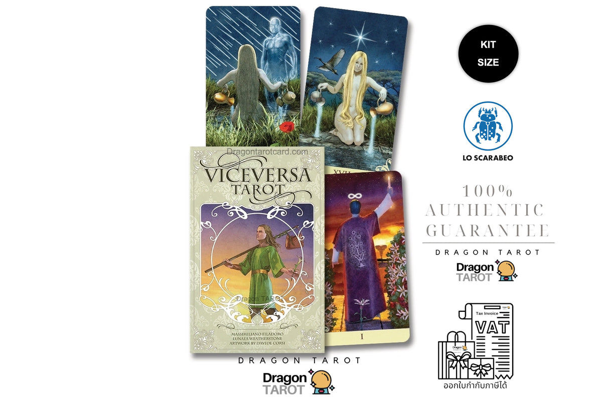 Dragon Tarot card deck kit display on a white background, featuring the box art, two illustrated cards, a second card, and several printed promotional badges including 'Kit Size', 'LO Scarabio', '100% Authentic Guarantee', and 'Dragon Tarot'.
