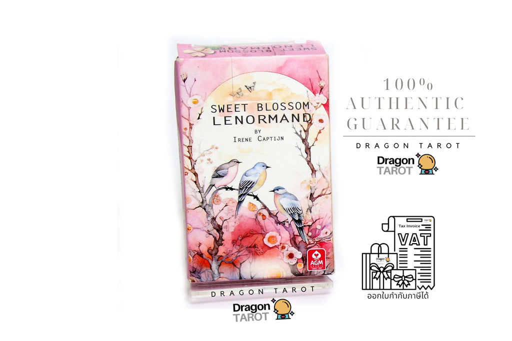 Dragon Tarot Sweet Blossom Lenormand card deck box with pink floral artwork and bird illustrations, shown on a white background with promotional text and Dragon Tarot logos.
