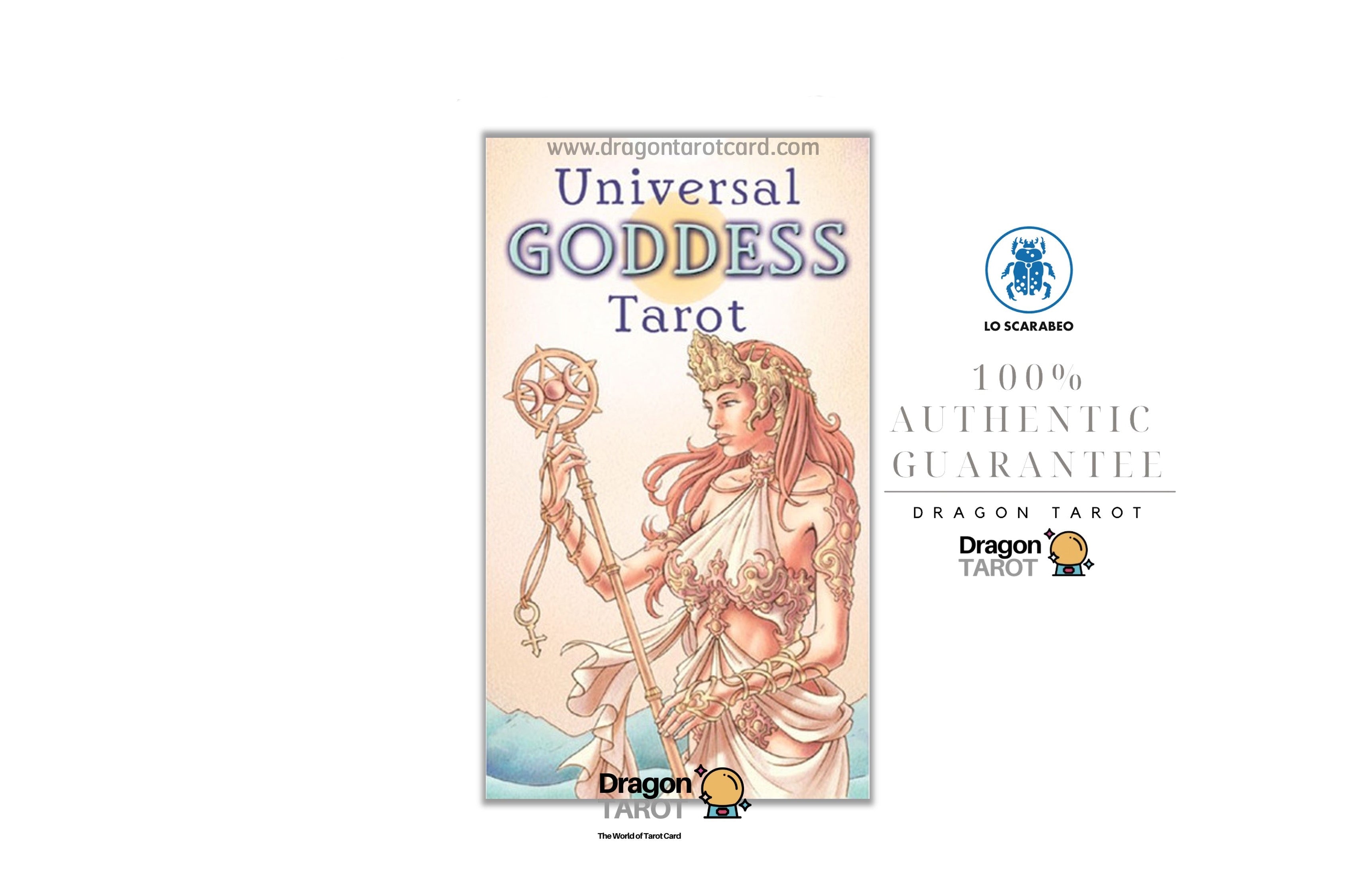 Universal Goddess Tarot card deck packaging shown on a white background with brand logos and Thai text. The box features an illustration of a goddess holding a staff and draped in flowing pink and gold fabric.