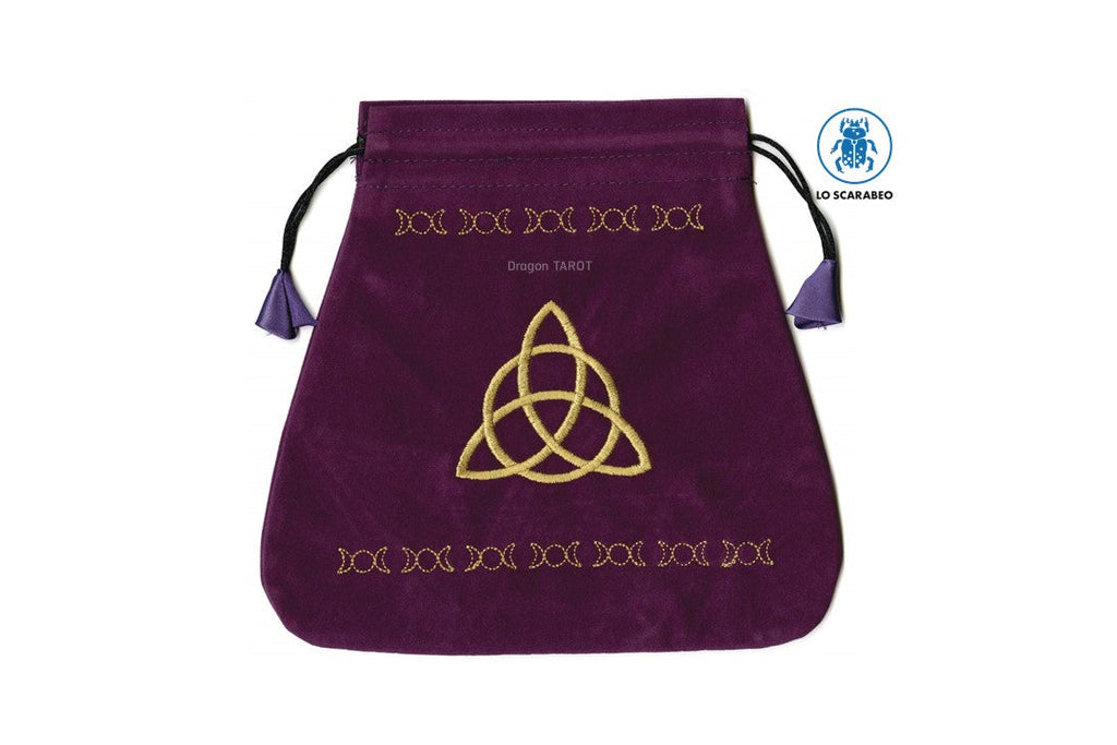 A purple velvet drawstring pouch with gold Celtic knot embroidery and Thai text, shown on a white background with Dragon Tarot branding.