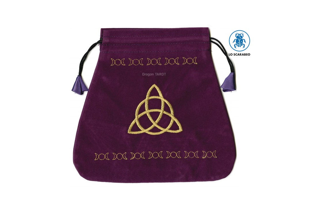 A purple velvet drawstring pouch with gold Celtic knot embroidery and Thai text, shown on a white background with Dragon Tarot branding.