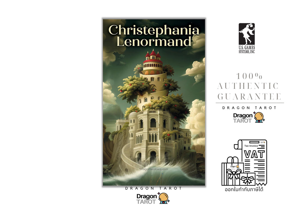 Dragon Tarot 'Christephania Lenormand' card pack cover shown on a white background with certification logos and a VAT receipt graphic.
