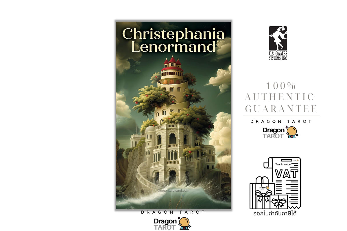 Dragon Tarot 'Christephania Lenormand' card pack cover shown on a white background with certification logos and a VAT receipt graphic.