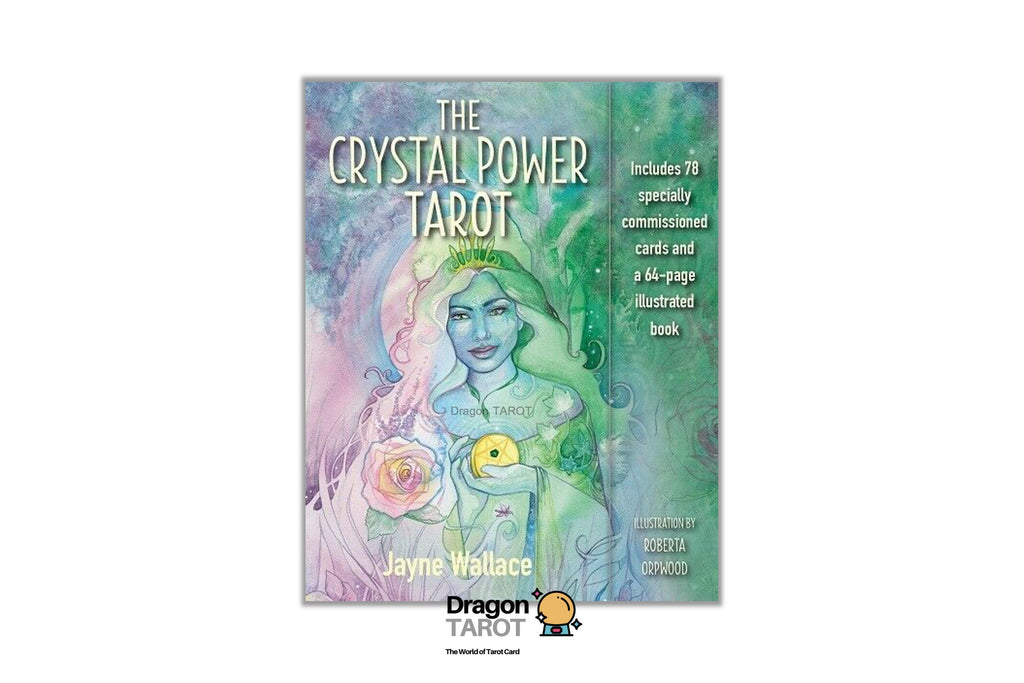 The Crystal Power Tarot deck box by Jayne Wallace, featuring a colorful watercolor-style illustration of a woman holding a crystal ball, with the Dragon Tarot logo at the bottom.