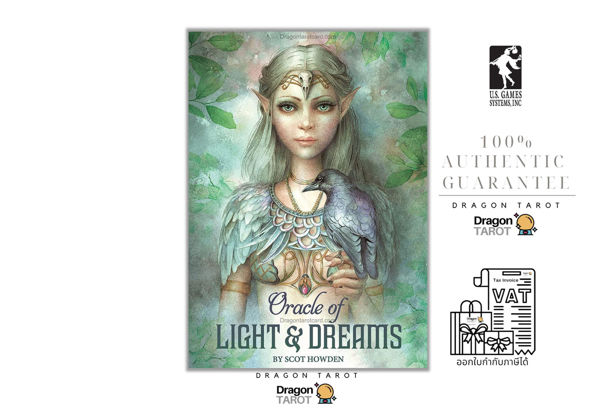 Oracle of Light & Dreams Dragon Tarot card deck box cover shown on a white background with branding and guarantee icons. The cover features an illustrated female elf with pale skin, long silver-gray hair, and a bird on her shoulder against a soft green and blue background.
