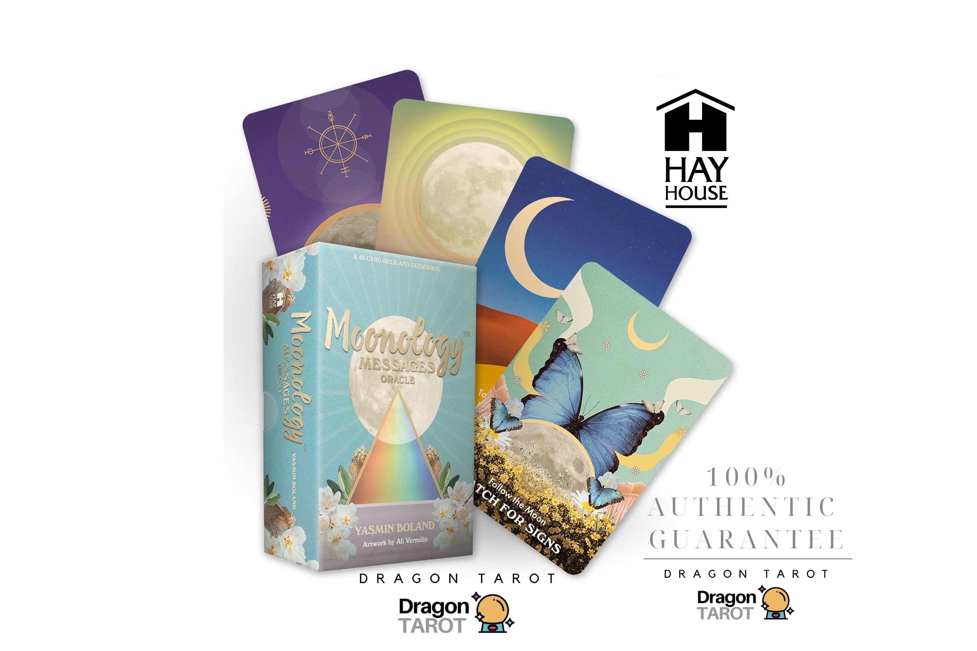 Dragon Tarot card deck packaging and several illustrated cards displayed on a white background, with branding for Hay House and Dragon Tarot visible.