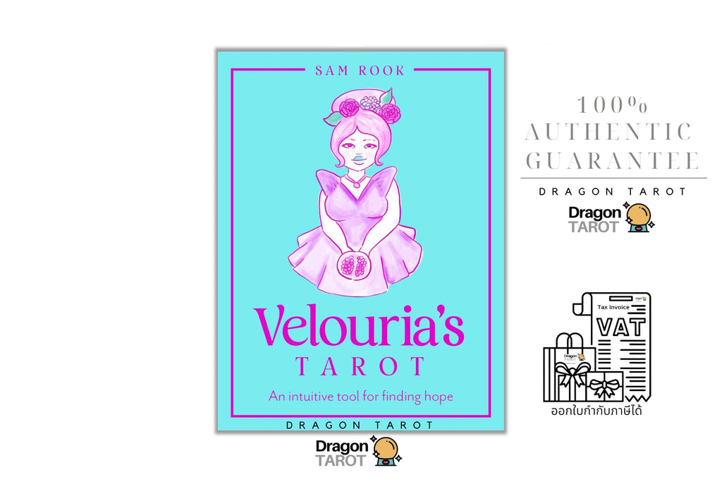 A promotional graphic for the book 'Velouria's Tarot' by Sam Rook, featuring a central cover illustration of a pink-haired tarot card with a cyan background. The graphic includes Thai text, the Dragon Tarot logo, and a 100% authentic guarantee badge on a white background.