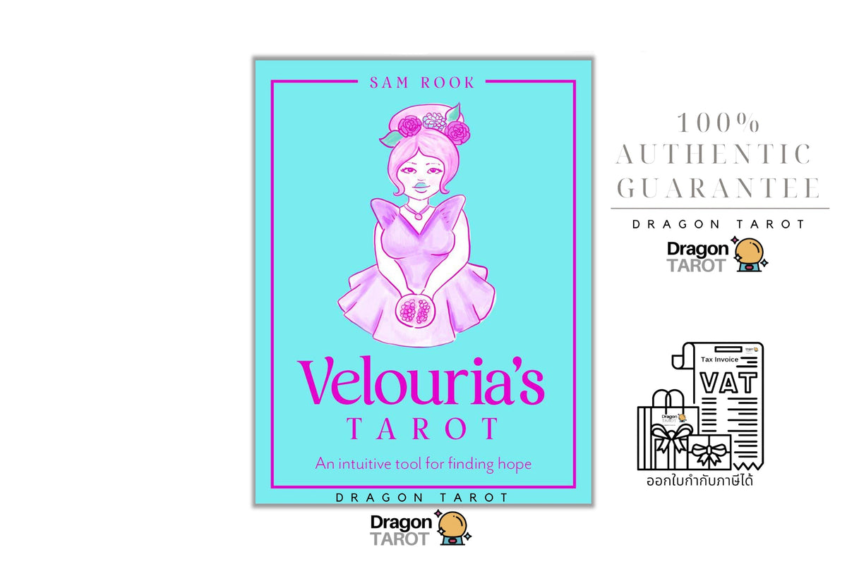 A promotional graphic for the book 'Velouria's Tarot' by Sam Rook, featuring a central cover illustration of a pink-haired tarot card with a cyan background. The graphic includes Thai text, the Dragon Tarot logo, and a 100% authentic guarantee badge on a white background.