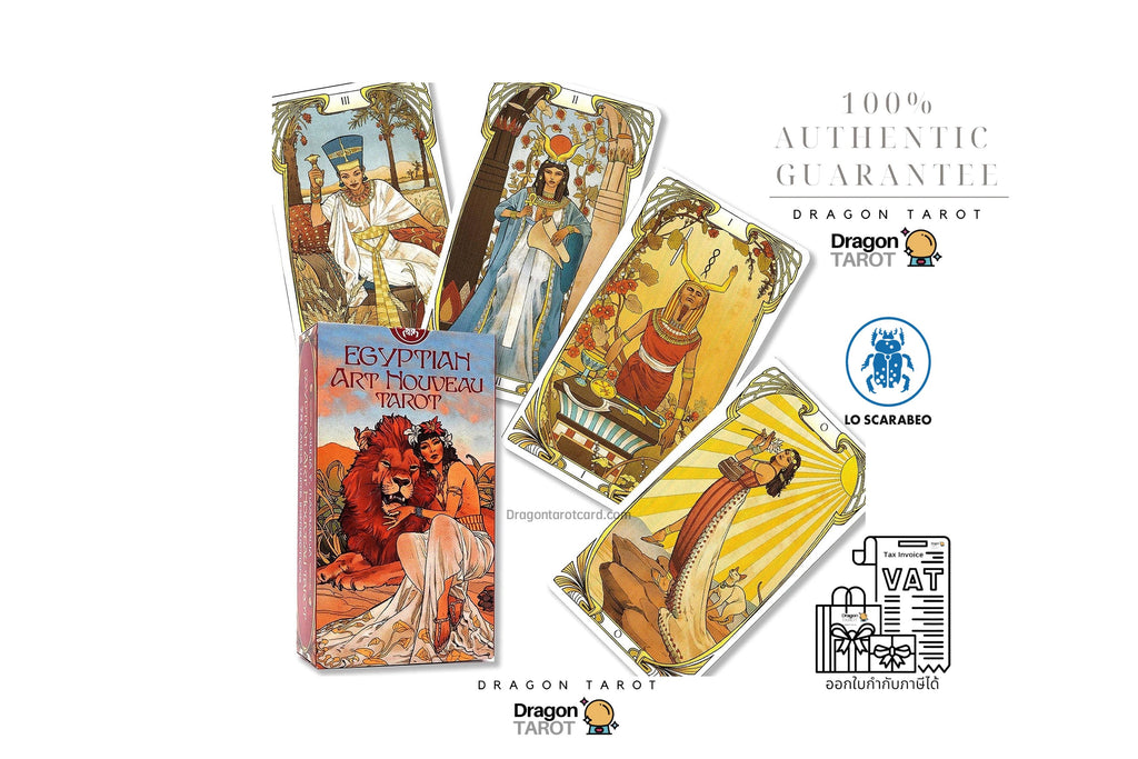 Dragon Tarot card deck packaging and several illustrated cards displayed on a white background with promotional text, logos, and a Facebook icon. The box and cards feature colorful ancient Egyptian-style artwork with figures and a dragon.