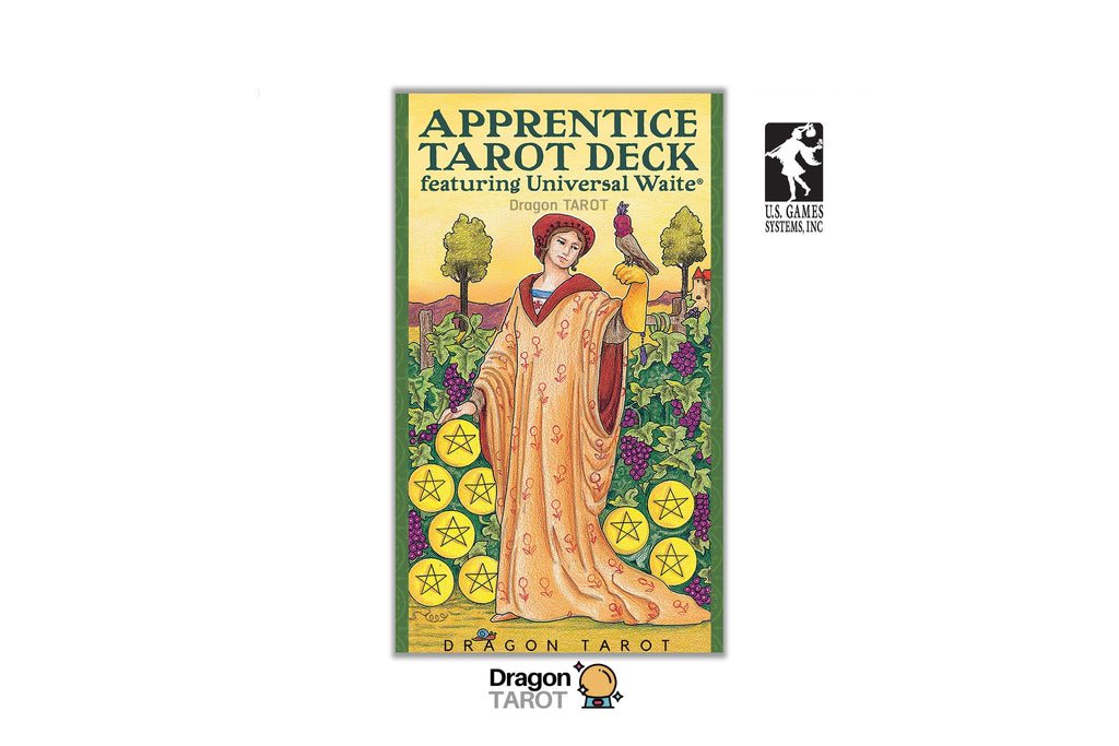 Dragon Tarot 'Apprentice Tarot Deck' featuring Universal Waite art, shown as a vertical tarot card illustration centered on a white background with social media and brand logos.