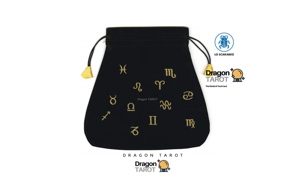 A black drawstring pouch with gold zodiac symbols printed on it, shown on a white background with Dragon Tarot branding and a blue UP KARAMBO logo.
