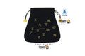 A black drawstring pouch with gold zodiac symbols printed on it, shown on a white background with Dragon Tarot branding and a blue UP KARAMBO logo.