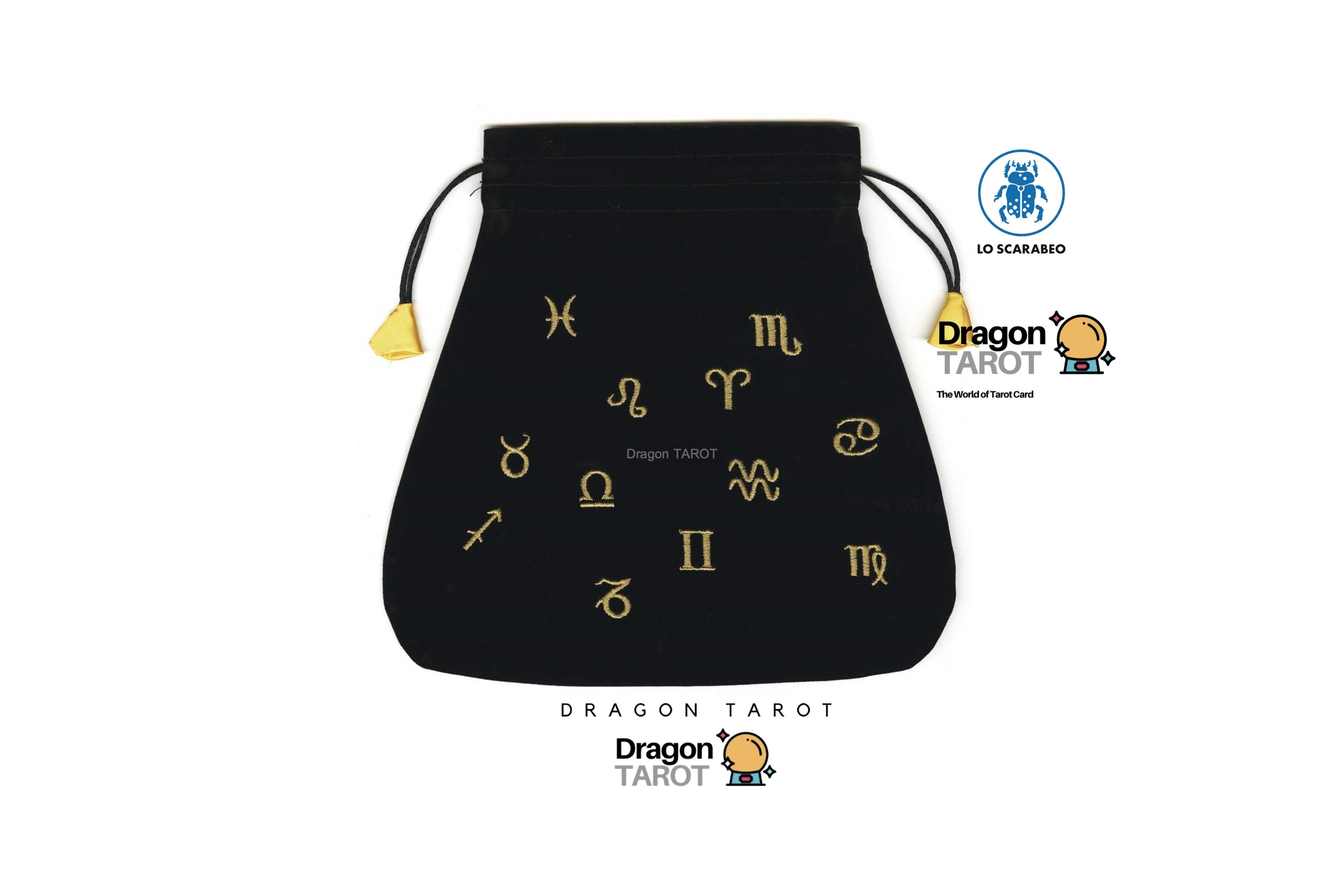 A black drawstring pouch with gold zodiac symbols printed on it, shown on a white background with Dragon Tarot branding and a blue UP KARAMBO logo.
