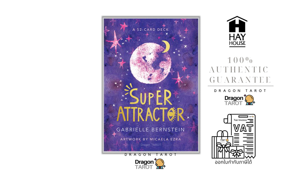 Tarot deck box cover for 'Super Attractor' by Gabrielle Bernstein, displayed alongside promotional badges for Hay House and Dragon Tarot on a white background.