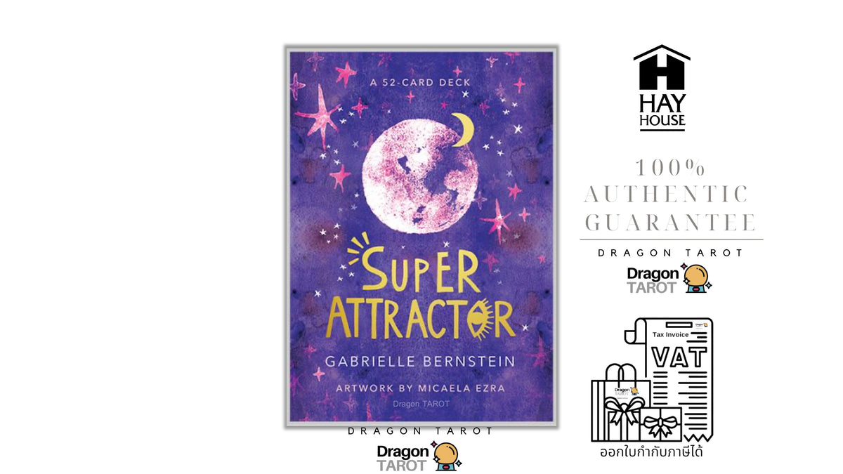 Tarot deck box cover for 'Super Attractor' by Gabrielle Bernstein, displayed alongside promotional badges for Hay House and Dragon Tarot on a white background.