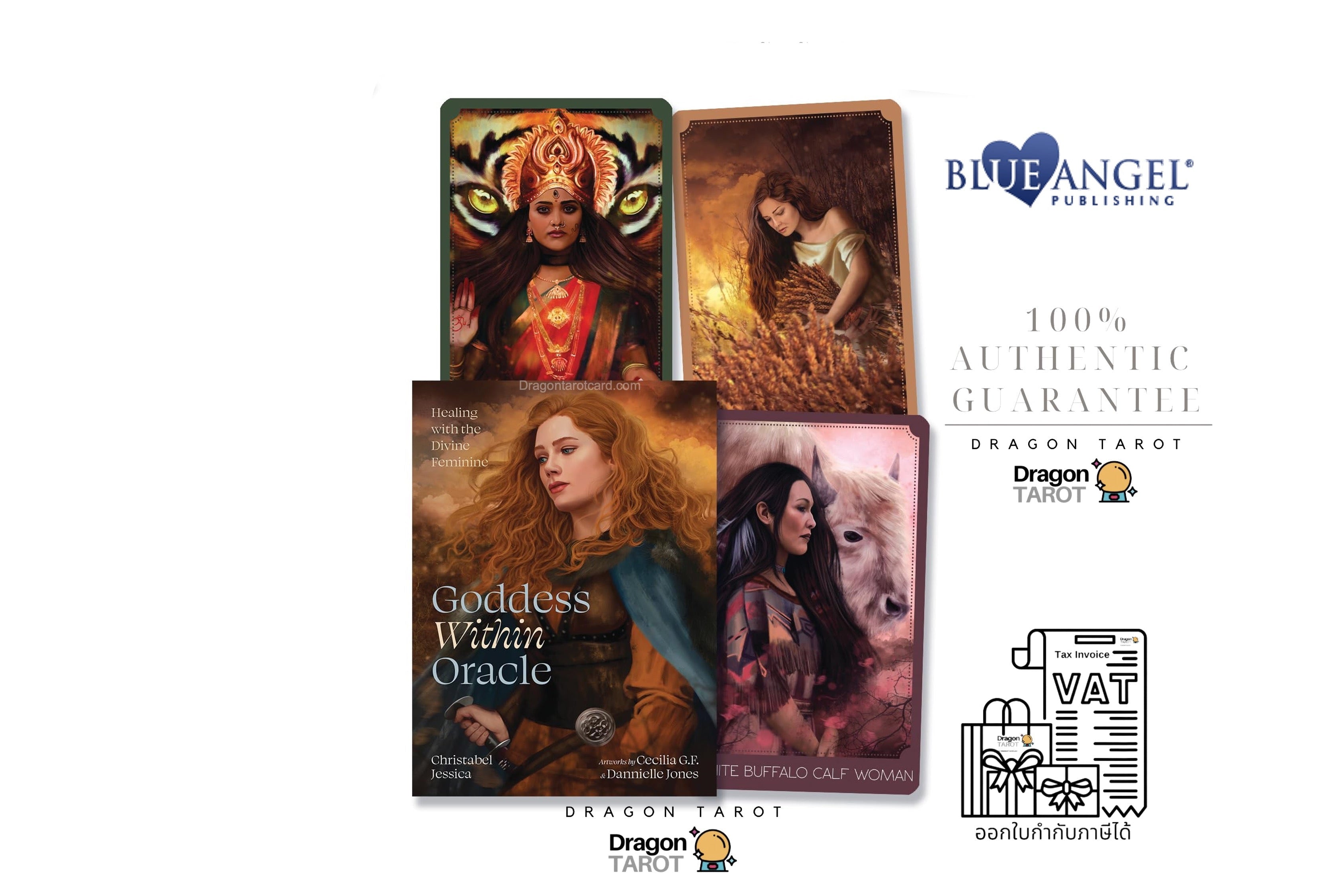 Four Dragon Tarot Oracle card deck boxes arranged on a white background with promotional text and logos, including Blue Angel Publishing and Dragon Tarot. The boxes feature illustrated oracle card covers with mythological and fantasy imagery.