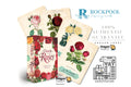 Oracle Roses Dragon Tarot deck with its illustrated box and several fanned cards displaying vintage rose designs, alongside the Rockpool brand logo and product text on a white background.