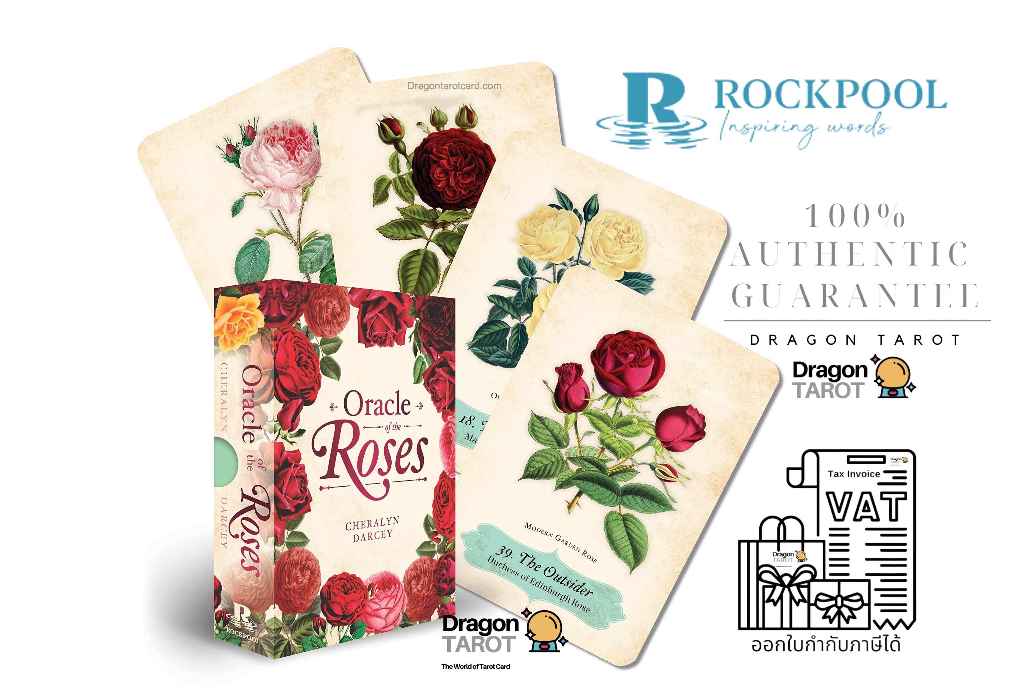 Oracle Roses Dragon Tarot deck with its illustrated box and several fanned cards displaying vintage rose designs, alongside the Rockpool brand logo and product text on a white background.