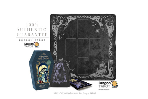 Dragon Tarot card deck set with a black tarot card playmat, a blue illustrated box, a black drawstring bag, and two cards on a white background with Thai promotional text and Dragon Tarot logos.