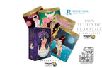 Four Dragon Tarot oracle card boxes arranged on a white background with promotional text, including 'Moon Goddess Oracle' in purple, a green box with pink floral artwork, a gold box with a dark horse illustration, and a blue box with a woman under a moonlit sky. Visible branding includes Dragon Tarot and Rockpool.