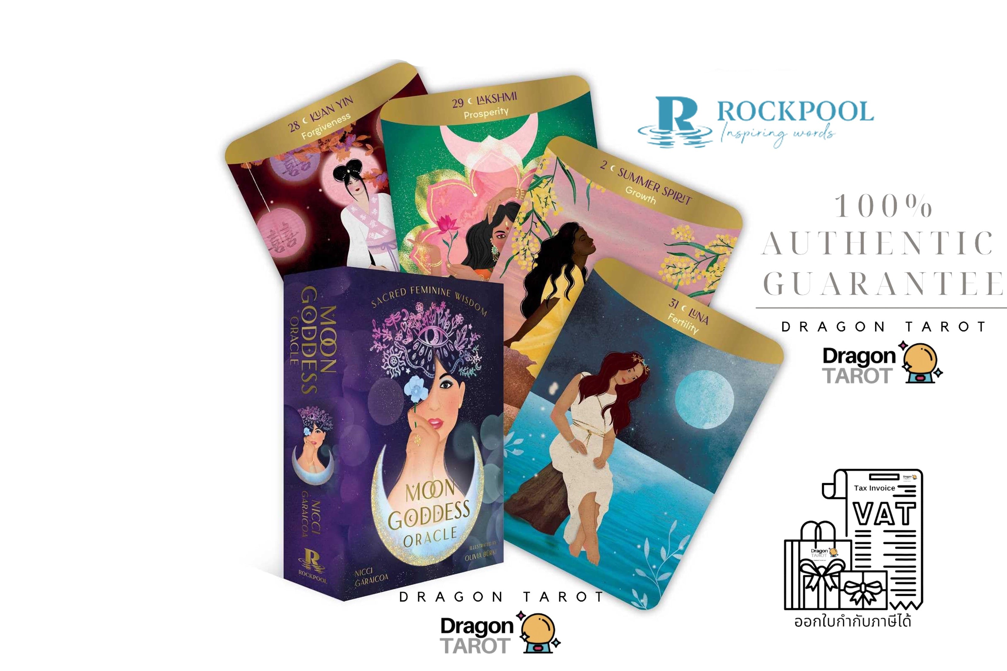 Four Dragon Tarot oracle card boxes arranged on a white background with promotional text, including 'Moon Goddess Oracle' in purple, a green box with pink floral artwork, a gold box with a dark horse illustration, and a blue box with a woman under a moonlit sky. Visible branding includes Dragon Tarot and Rockpool.