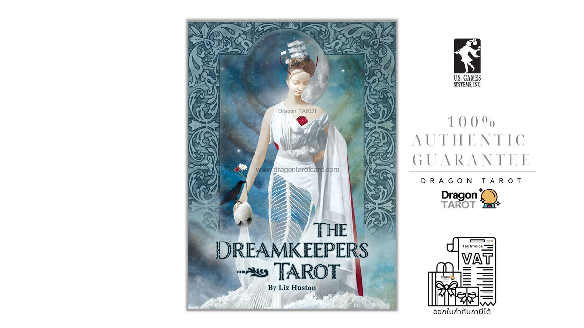 The Dreamkeepers Tarot deck box cover by Lisa Hutton, displayed next to a 100% authentic guarantee badge and a VAT receipt illustration on a white background.