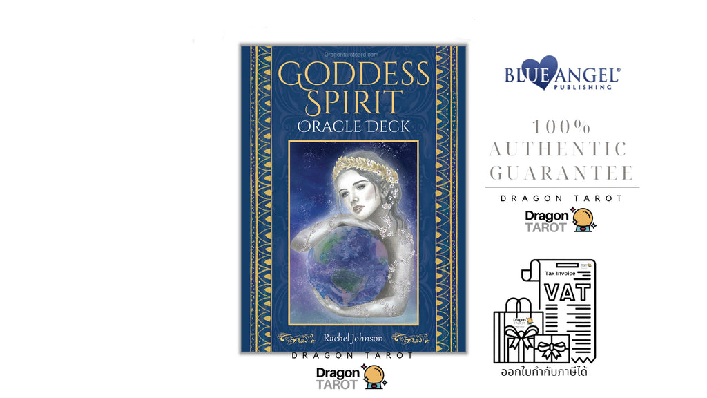 Dragon Tarot Goddess Spirit Oracle Deck book cover shown on a white background with Blue Angel Publishing branding, a 100% authentic guarantee badge, and a VAT refund illustration.