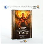 A boxed tarot deck titled "Gods and Titans" by Stacey Demarco, shown upright on a white background. The front cover features a dramatic illustration of a muscular male figure with glowing golden wings against a dark background.