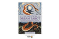 The Mystical Dream Tarot book cover by Janet Pieddato, featuring an illustration of a golden-orange serpent wrapping around a glowing tarot card, set against a light blue and dark green background. The Dragon Tarot logo is visible at the bottom.