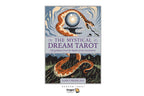 The Mystical Dream Tarot book cover by Janet Pieddato, featuring an illustration of a golden-orange serpent wrapping around a glowing tarot card, set against a light blue and dark green background. The Dragon Tarot logo is visible at the bottom.