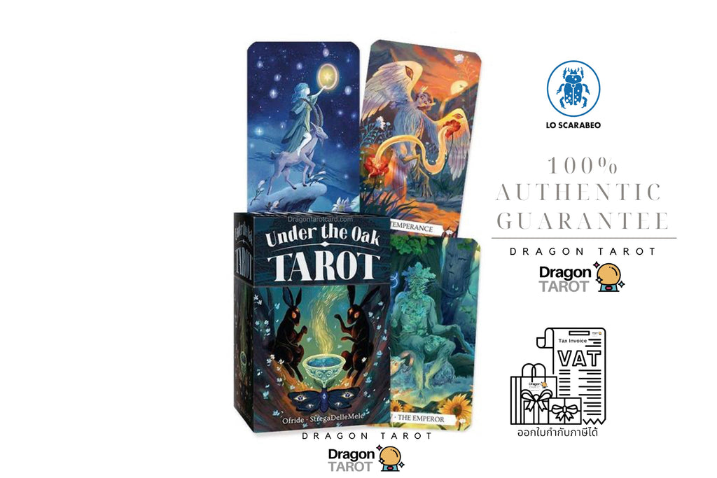 Dragon Tarot card deck packaging and several illustrated cards displayed on a white background with promotional text, including '100% Authentic Guarantee' and multiple Dragon Tarot logos.