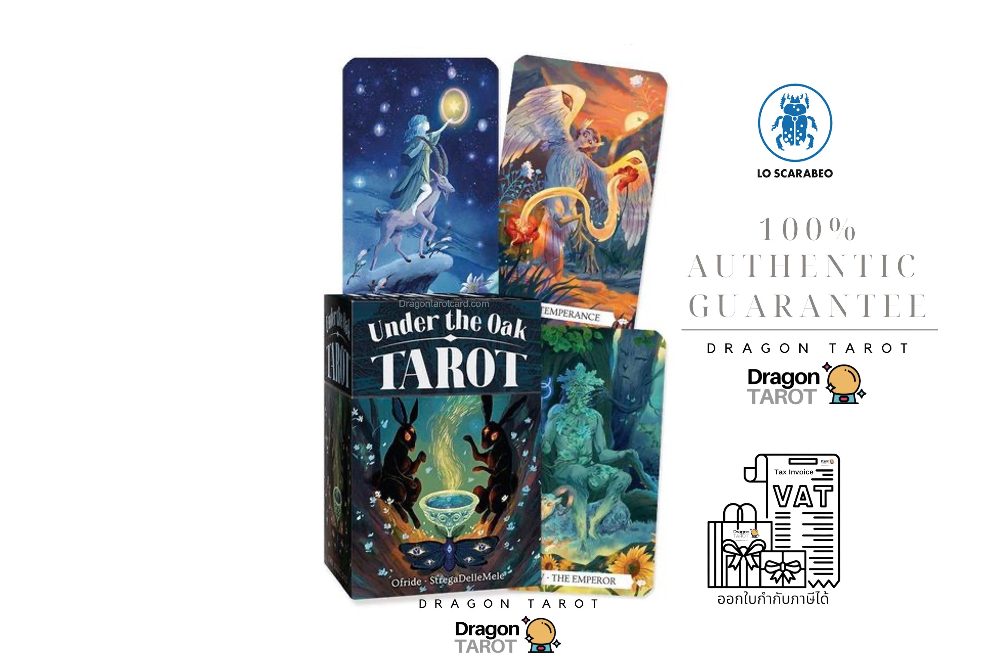 Dragon Tarot card deck packaging and several illustrated cards displayed on a white background with promotional text, including '100% Authentic Guarantee' and multiple Dragon Tarot logos.