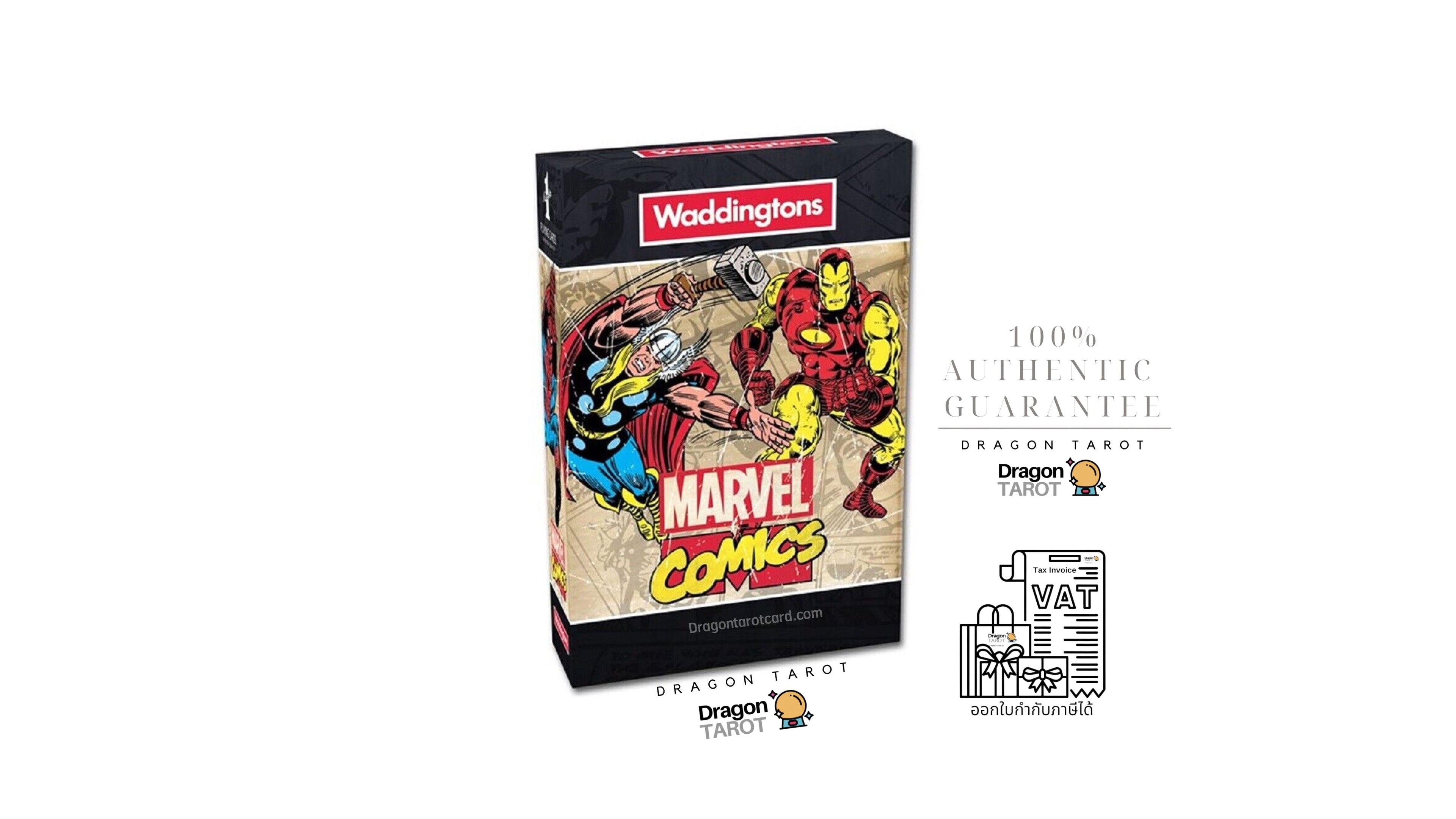A boxed tarot card product titled 'Marvel Comics' by Waddingtons, shown on a white background with promotional text and logos. The box features comic-style artwork with Marvel and Iron Man imagery.