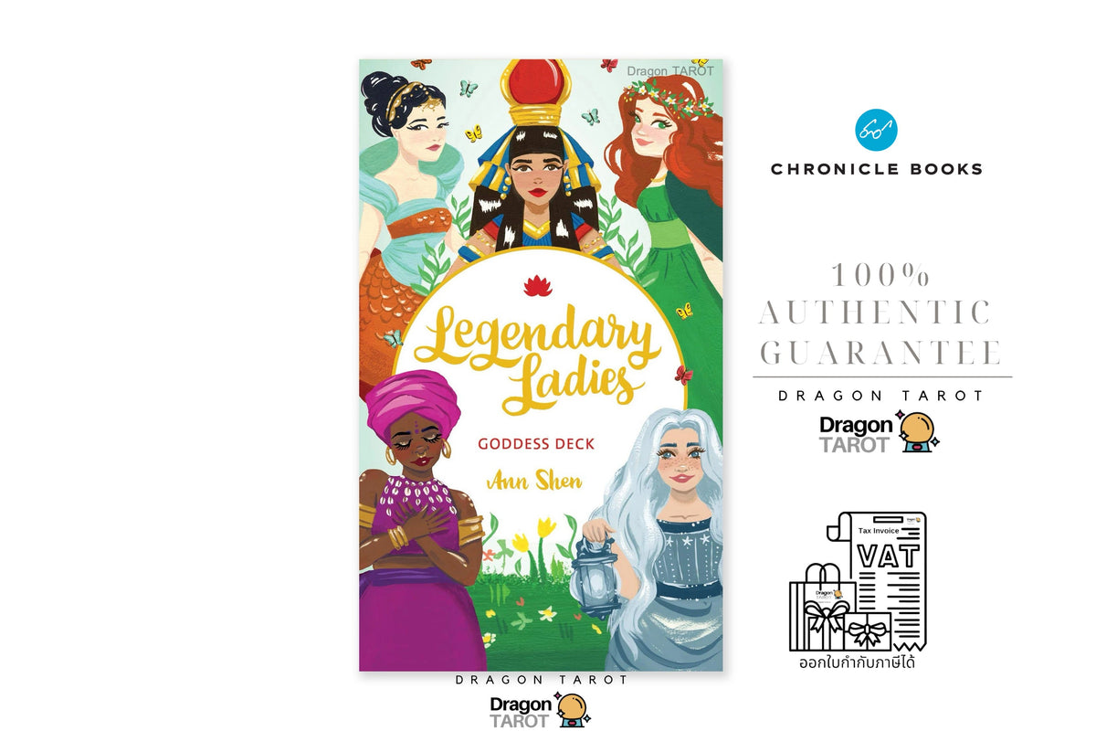 Chronicle Books Dragon Tarot 'Legendary Ladies' deck packaging shown on a white background alongside brand and authenticity graphics.