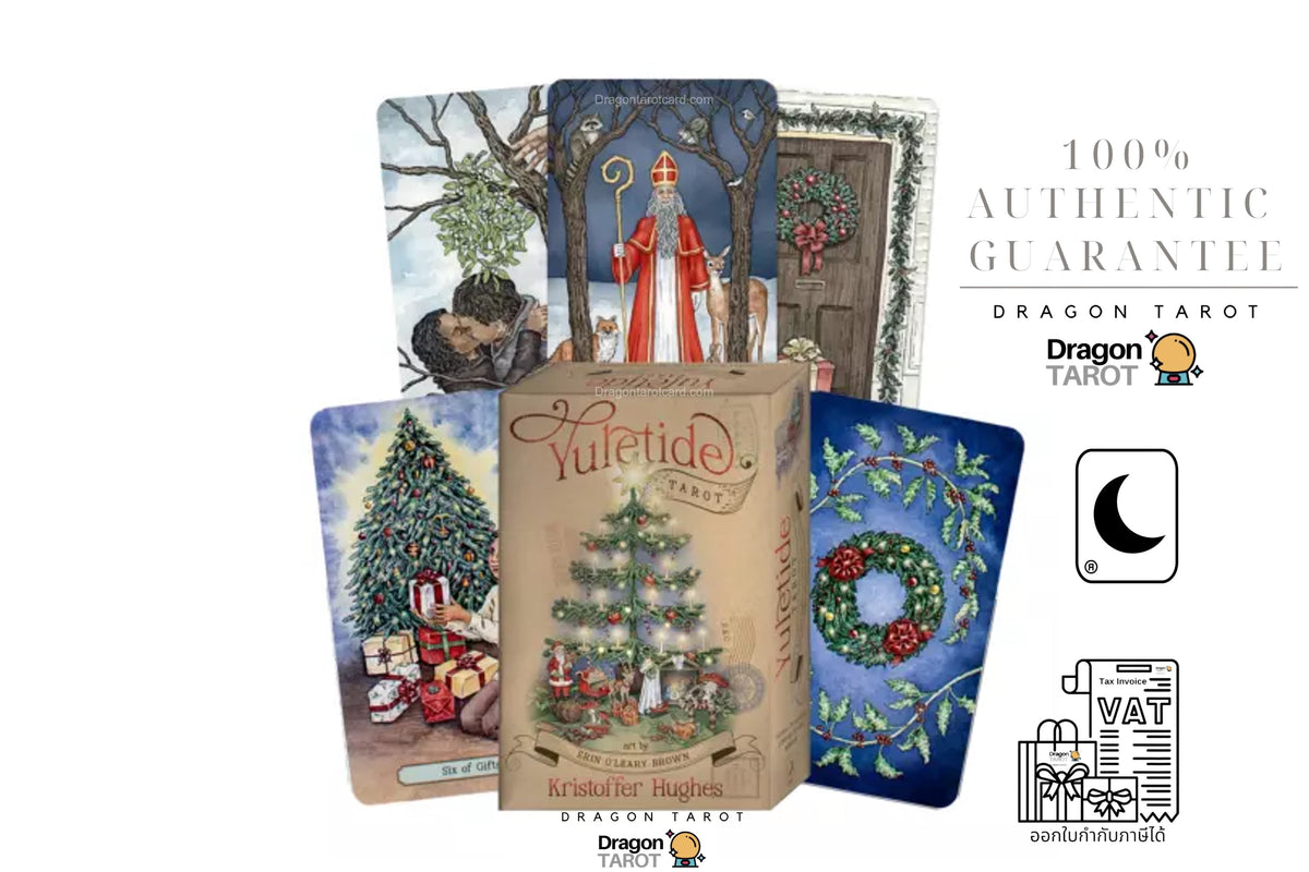 Dragon Tarot deck packaging and several illustrated tarot cards arranged on a white background, with text reading '100% Authentic Guarantee' and Dragon Tarot branding.