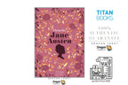 A tarot card deck box cover featuring a pink background with floral patterns and the text 'Oracle Jane Austen' alongside a black silhouette of a woman. The image includes promotional text for 'Titan Books' and 'Dragon Tarot' on a white background.