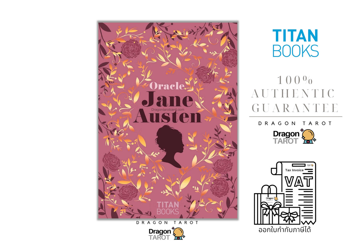 A tarot card deck box cover featuring a pink background with floral patterns and the text 'Oracle Jane Austen' alongside a black silhouette of a woman. The image includes promotional text for 'Titan Books' and 'Dragon Tarot' on a white background.