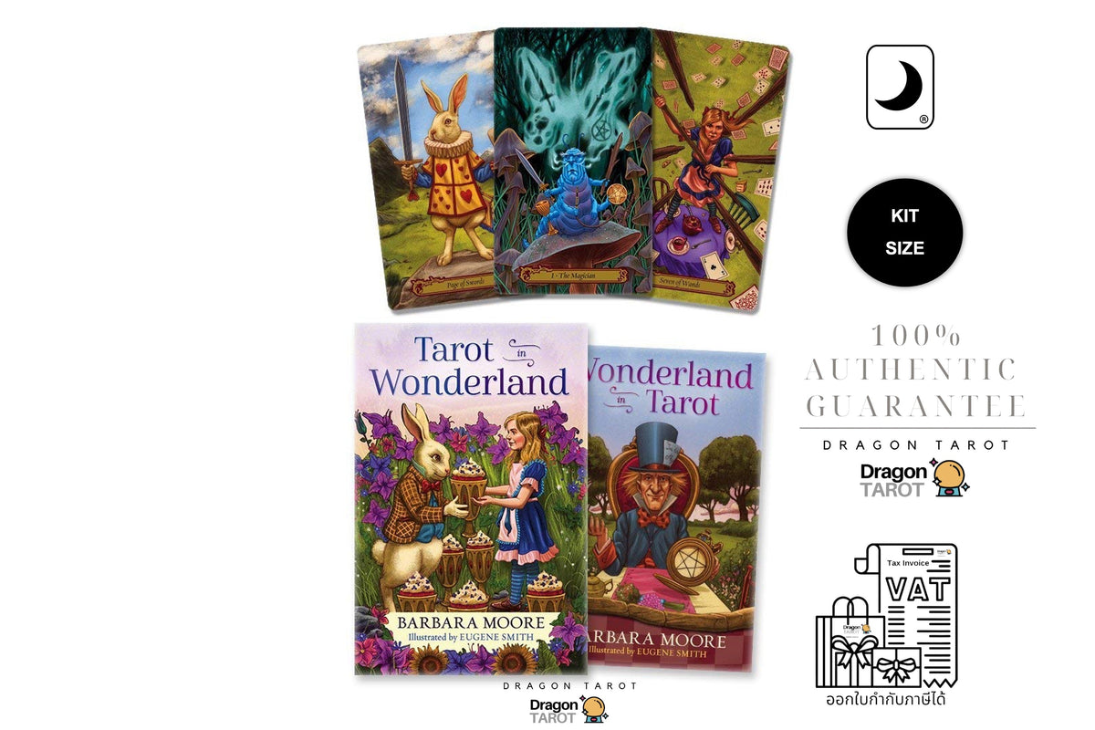 Dragon Tarot 'Tarot of the Wonderland' deck kit shown with four illustrated cards and two deck boxes on a white background, alongside size and guarantee badges.