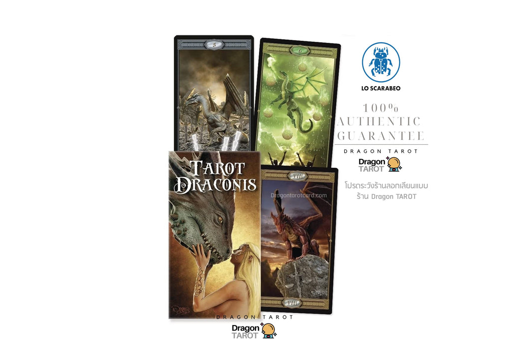 Four Dragon Tarot card boxes arranged on a white background with brand logos and Thai text. The set includes Tarot Draconis, with illustrated dragon-themed box art and a central package showing a green dragon and tree imagery.