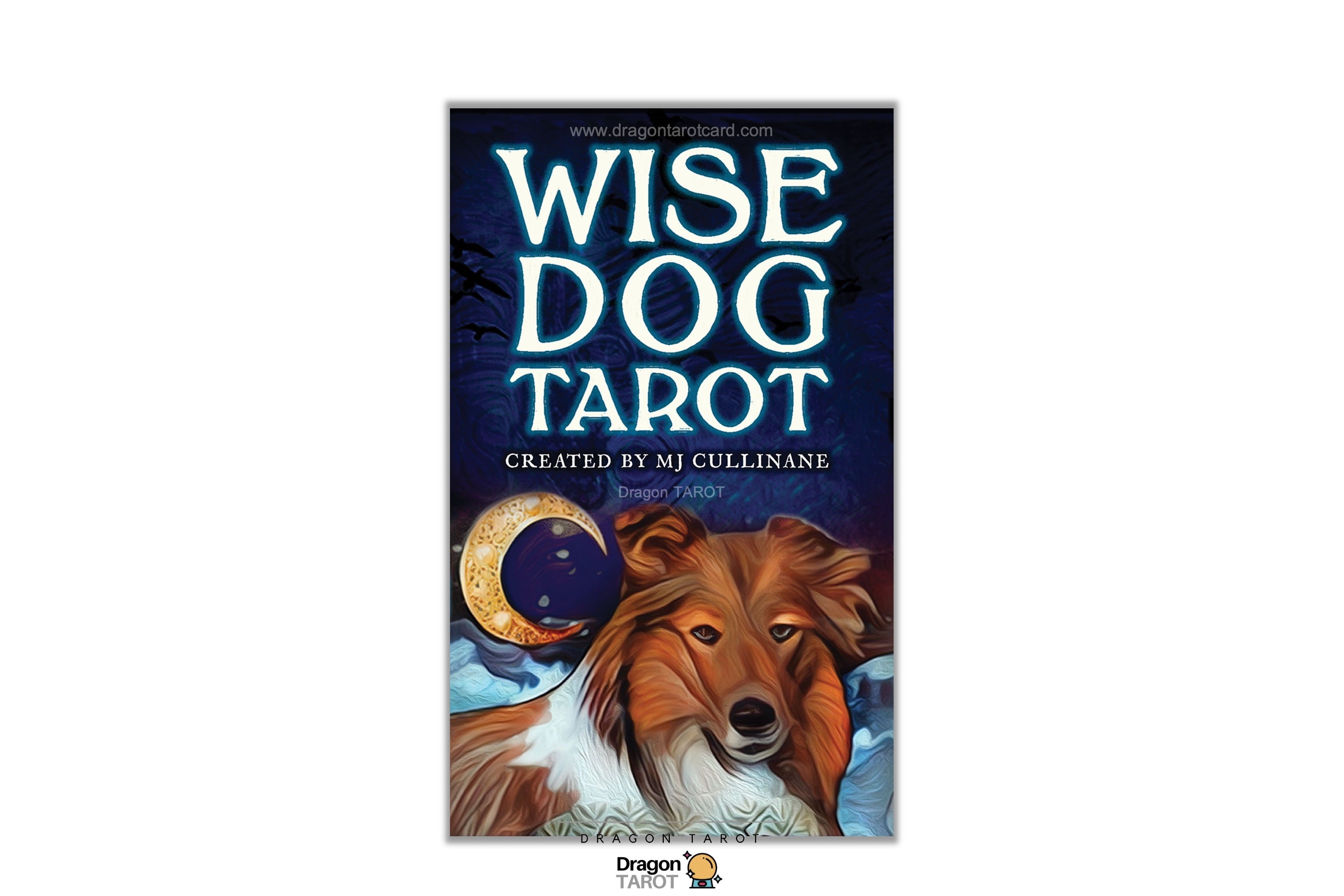 Wise Dog Tarot card deck box cover by MJ Cullinane, featuring a collie dog illustration against a dark blue starry night background with a crescent moon.