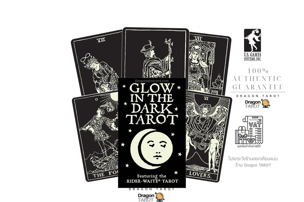 Dragon Tarot deck packaging and several illustrated tarot cards arranged on a white background with brand text, a Facebook icon, and a 100% authentic guarantee badge.