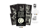 Dragon Tarot deck packaging and several illustrated tarot cards arranged on a white background with brand text, a Facebook icon, and a 100% authentic guarantee badge.